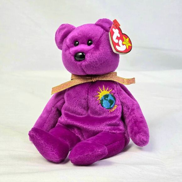 TY Beanie Baby Millenium Bear 1999 Purple Gold Ribbon with Tag - Picture 1 of 3